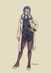  1girl absurdres artist_name black_dress blue-tinted_eyewear blue_eyes blue_hair blue_nails blue_necktie blush coat collared_dress commentary cospirt dress english_commentary full_body glasses green_shoes hair_rings hand_on_own_hip high_heels highres lab_coat lipstick long_hair long_sleeves mable_(pokemon) makeup necktie open_clothes open_coat pantyhose parted_lips pokemon pokemon_legends:_z-a red_lips safety_glasses shoes simple_background solo standing tinted_eyewear white_coat yellow_background 