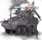  bodysuit cable colored_tongue gun mecha_musume military military_vehicle muscle red_eyes sigama sigma_(artist) silver_hair smoke stryker tongue vehicle weapon white_hair 