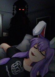  2girls animal_ears bed black_footwear casual chromatic_aberration commentary film_grain glowing glowing_eyes hat highres junko_(touhou) lad_der multiple_girls off_shoulder phoenix_crown pillow portrait_(object) purple_hair rabbit_ears radiohead_(band) reisen_udongein_inaba shirt smile t-shirt touhou 