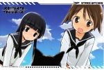  black_eyes black_hair brown_eyes brown_hair cat highres miyafuji_yoshika multiple_girls scan school_uniform shimada_fumikane strike_witches yamakawa_michiko 