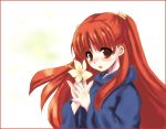  blush flower hands_clasped hoodie long_hair mahou_sensei_negima! red_eyes red_hair redhead smile solo twintails 