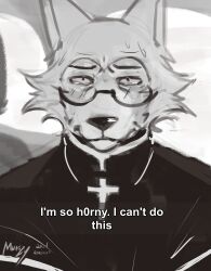 1boy animal_ears artist_name beastars cross dated english_commentary english_text furry furry_male greyscale highres legoshi male_focus meme monochrome murizy_(nk54069) priest round_eyewear sweat twitter_username wolf_boy wolf_ears 