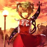  arms_behind arms_behind_back bow cat_ears cat_tail chen china_dress chinadress chinese_clothes earrings eyes gap hat jewelry multiple_tails ribbon ribbons short_hair sunakumo sunset tail touhou 