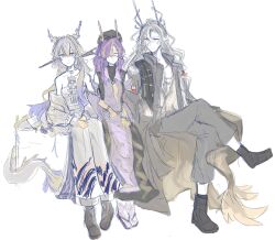  antlers arknights black_coat black_dress black_footwear black_hand black_hat black_horns board_game bracelet brother_and_sister brothers brown_footwear brown_robe clogs closed_eyes coat colored_extremities dragon_boy dragon_bubble_(arknights) dragon_girl dragon_horns dragon_tail dress earrings eastern_dragon_tail eyeliner fur-tipped_tail go_(board_game) green_eyeliner grey_hair grey_tube_top hat highres horns jewelry jie_(arknights) makeup necklace non-web_source orange_eyeliner orange_pupils pants pearl_bracelet pearl_earrings pearl_necklace purple_dress purple_hair purple_horns robe sad scarf shirt shu_(arknights) siblings socks strapless strapless_shirt tail tassel tassel_earrings tube_top wang_(arknights) white_hands white_pants white_tube_top yellow_hands yellow_horns yellow_scarf yellow_tail 