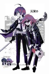 2boys ahoge belt black_belt black_gloves black_hair buttons checkered_clothes checkered_scarf collared_shirt danganronpa_(series) danganronpa_v3:_killing_harmony english_commentary english_text eyelashes ff9900 flipped_hair full_body gloves hair_between_eyes highres holding holding_megaphone holding_sword holding_weapon jacket jacket_on_shoulders leaning_forward long_sleeves looking_at_viewer male_focus megaphone multiple_boys necktie open_clothes open_jacket ouma_kokichi pants profile purple_hair saihara_shuichi scarf shirt short_hair simple_background smile smirk solo speech_bubble standing sunglasses sword thigh_strap two-tone_scarf unfinished weapon