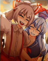  2girls arm_hug bow breasts closed_eyes clouds commentary dutch_angle film_grain fujiwara_no_mokou grey_hair grin hair_bow hat highres kamishirasawa_keine lad_der large_breasts multiple_girls open_mouth ponytail railing selfie sky small_breasts smile suspenders touhou yuri 