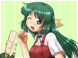  breasts clenched_hand facial_hair fist gensou_yakyoku_(style) green_eyes green_hair hair_ribbon hair_ribbons hidamari_sketch kouchou long_hair mustache parody principal_(hidamari_sketch) ribbon ribbons school_uniform style_parody ttomm wink yoshinoya 