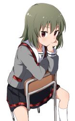  1girl absurdres black_skirt blush breasts buchi_(y0u0ri_) chair elbow_rest green_hair grey_jacket head_rest highres idolmaster idolmaster_million_live! idolmaster_million_live!_theater_days jacket long_sleeves looking_at_viewer nagayoshi_subaru on_chair pleated_skirt red_eyes red_trim school_chair school_uniform short_hair simple_background sitting skirt small_breasts socks solo spread_legs white_background white_socks 