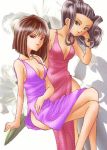  breasts brown_eyes brown_hair cleavage dress green_eyes kanzaki_sumire long_hair lowres mole sakura_taisen sakura_taisen_ii short_hair sirotuka_lambda soletta_orihime 