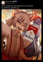  2girls arm_hug bow breasts cigarette_pack closed_eyes clouds commentary dutch_angle english_text fake_screenshot film_grain fujiwara_no_mokou grey_hair hair_bow hat highres kamishirasawa_keine lad_der large_breasts marlboro multiple_girls open_mouth ponytail railing selfie sky small_breasts smile suspenders touhou twitter yuri 