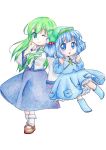  2girls :o blue_eyes blue_hair clenched_hand colored_pencil_(medium) detached_sleeves frog_hair_ornament green_eyes green_hair hair_bobbles hair_ornament hair_tubes hane_(wing-rabbit) hat kawashiro_nitori key kochiya_sanae long_hair looking_at_viewer mary_janes multiple_girls petticoat rubber_boots shoes short_hair simple_background skirt skirt_set smile snake touhou traditional_media twintails white_background wink yakimochi 
