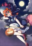  bad_id bloomers braid broom broom_riding cloud clouds dress flying full_moon green_eyes halloween hand_on_hat hat mary_janes mattaku_mosuke moon night no_socks open_mouth orange_hair pumpkin shoes single_braid smile witch witch_hat 