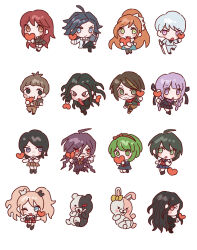  30en_(esx5g) 5boys 6+girls :3 bear_hair_ornament black_ribbon black_shirt blush bow braid brown_hair brown_skirt character_request chibi danganronpa/zero danganronpa:_trigger_happy_havoc danganronpa_(series) danganronpa_2:_goodbye_despair danganronpa_3_(anime) danganronpa_kirigiri diaper ear_bow enoshima_junko freckles frown fukawa_toko glasses hair_ornament hair_ribbon highres ikusaba_mukuro kamukura_izuru kirigiri_kyoko long_hair long_tongue matsuda_yasuke monokuma monomi_(danganronpa) multicolored_hair multiple_boys multiple_girls munakata_kyousuke naegi_komaru otonashi_ryouko pink_hair redhead ribbon samidare_yui school_uniform shirt short_hair siblings sisters skirt smile tongue tongue_out torn_clothes torn_skirt towa_monaca twin_braids twintails two-tone_hair white_hair yukizome_chisa 