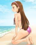  (^_^)_(pixiv198858) back barefoot beach bikini brown_hair feet hairband idolmaster kneeling long_hair minase_iori muhi11234 red_eyes swimsuit 