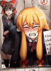  2girls black_jacket blonde_hair blush bow bowtie brown_eyes brown_hair chromatic_aberration clenched_teeth commentary crying english_commentary hair_bow hakurei_reimu highres jacket lad_der low-tied_sidelocks medium_skirt mirror multiple_girls plaid_clothes plaid_skirt red_bow red_bowtie restroom sign skirt streaming_tears tears teeth toilet_stall touhou vhs_artifacts yakumo_yukari 