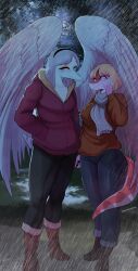  2girls ^_^ absurdres alternate_costume black_hairband black_pants blonde_hair blue_pants blunt_bangs bob_cut boots breasts closed_eyes closed_mouth colored_skin commentary couple deadassspider denim dinosaur_girl dinosaur_tail english_commentary eyeshadow fang fang_(goodbye_volcano_high) feathered_wings full_body fur-trimmed_hood fur_trim furry furry_female furry_with_furry genderswap genderswap_(otf) glasses goodbye_volcano_high grey_hair grey_scarf grey_skin hairband hand_on_own_face high_heel_boots high_heels highres holding_hands hood hood_down hoodie jeans light_blush long_hair long_sleeves makeup medium_breasts monster_girl multiple_girls naomi_(goodbye_volcano_high) orange_sweater outdoors pants pink_skin pterosaur rain red_hoodie reptile_girl scarf short_hair short_tail skin_fang smile standing sweater tail wing_umbrella wings yellow_eyeshadow yuri 