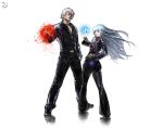  1boy 1girl ass blue_hair chaps cross_necklace dark_skin full_body glowing hand_on_hip height_difference hiroaki_(kof) k&#039; king_of_fighters kula_diamond leather_jacket long_hair male official_art orb red_eyes short_hair skin_contrast snk sunglasses watermark white_hair 