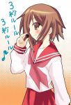  brown_eyes brown_hair fang kusakabe_misao lucky_star massala school_uniform serafuku short_hair translated translation_request 