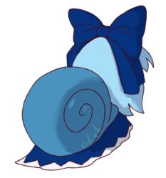  1girl blue_bow blue_dress blue_hair bow cirno commentary dress english_commentary facing_away from_behind medium_hair simple_background skullchimes snail_girl solo touhou white_background 