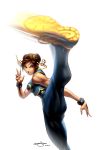  angry bodysuit bolero breasts brown_eyes brown_hair capcom china_dress chinadress chinese_clothes chun-li double_bun double_buns high_kick highres huge_breasts kick kicking large_breasts leotard lips makeup motion_blur muscle official_art omar_dogan shoes short_hair signature skin_tight sneakers street_fighter street_fighter_ii street_fighter_zero street_fighter_zero_i thick_thighs thighs unitard 