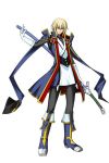  1boy blazblue blonde_hair bodysuit boots frown gloves green_eyes huge_weapon jacket jin_kisaragi kisaragi_jin knee_boots male mori_toshimichi official_art open_clothes open_jacket ribbon sheath short_hair simple_background solo standing sword turtleneck weapon 
