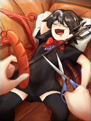  1girl 1other :3 arm_behind_head asymmetrical_wings black_dress black_thighhighs blue_wings bow bowtie chromatic_aberration commentary couch dress drooling film_grain food highres holding holding_food holding_scissors hot_dog houjuu_nue lad_der lying nose_bubble on_back open_mouth pillow pov pov_hands prank red_bow red_bowtie red_wings scissors short_dress sleeping smile symbol-only_commentary thigh-highs touhou wings 