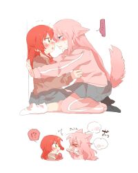  !? &gt;_&lt; ... 2girls :d ^^^ animal_ear_fluff animal_ears black_socks blue_eyes blush bocchi_the_rock! brown_shirt closed_eyes eye_contact flying_sweatdrops gotoh_hitori grey_skirt hair_between_eyes half-closed_eyes highres jacket kemonomimi_mode kita_ikuyo long_hair looking_at_another multiple_girls no_shoes nose_blush pants pants_under_skirt pink_hair pink_jacket pink_pants pleated_skirt profile rebecca_(keinelove) redhead shirt simple_background sitting skirt smile socks spoken_ellipsis spoken_interrobang surprised sweat tail tears track_jacket track_pants track_suit very_long_hair wariza white_background white_socks yellow_eyes yuri 