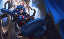  1girl artist_name black_footwear black_gloves blue_eyes blue_hair chair commentary commission corset crossed_legs eldar english_commentary eyepatch fur_collar fur_trim gloves glowing glowing_eyes highres lips norattaart pants parted_bangs pointy_ears sitting sitting_on_throne solo throne warhammer_40k 
