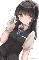 1girl black_hair black_skirt black_vest blue_ribbon blush breasts brown_eyes collared_shirt dress_shirt dutch_angle embarrassed gloves hayashio_(kancolle) highres kantai_collection long_hair looking_at_viewer mole mole_under_eye pleated_skirt ribbon school_uniform shirasumato shirt simple_background skirt solo twitter_username upper_body vest white_background white_shirt 