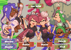  1boy 6+girls :p arms_up big_man_(splatoon) bike_shorts black_footwear black_pants black_shirt black_shorts blush boots bow-shaped_hair callie_(splatoon) character_name closed_eyes colored_extremities colored_eyelashes cross-laced_footwear dark-skinned_female dark_skin earrings english_commentary everyone fangs fingernails frye_(splatoon) gomipomi green_hair grey_shirt grin hair_horns hair_ornament hair_over_one_eye hat holding holding_hands holding_weapon inkling jewelry lace-up_boots long_hair lying lying_on_lap lying_on_person marie_(splatoon) marina_(splatoon) medium_hair multiple_girls octoling on_stomach open_mouth outstretched_arms pants parted_bangs peaked_cap pearl_(splatoon) pink_hair pointy_ears print_shirt purple_hair sharp_fingernails shirt shiver_(splatoon) short_eyebrows short_hair short_sleeves shorts sitting smile splashtag_(splatoon) splat_brella_(splatoon) splat_charger_(splatoon) splat_dualies_(splatoon) splat_roller_(splatoon) splatoon_(series) splatoon_3 suction_cups swept_bangs tentacle_hair tongue tongue_out tri-stringer_(splatoon) twintails w weapon white_footwear white_hat white_shirt x_hair_ornament 