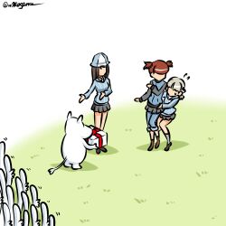  1other 3girls aki_(girls_und_panzer) blue_jacket blue_pants blue_sweater blue_track_suit gift girls_und_panzer grey_skirt happy_birthday hat hattifattener jacket keizoku_military_uniform keizoku_school_uniform kogane_(staygold) lowres mika_(girls_und_panzer) mikko_(girls_und_panzer) miniskirt moomin moomintroll multiple_girls pants pants_under_skirt school_uniform skirt striped_clothes striped_headwear sweat sweater tail 