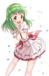  1girl :d blush brown_eyes commentary_request confetti dress gloves green_hair highres idolmaster idolmaster_(classic) long_hair looking_at_viewer mimikaki_(men_bow) mole mole_under_mouth open_mouth otonashi_kotori puffy_short_sleeves puffy_sleeves short_sleeves smile solo upper_teeth white_background white_dress white_gloves yellow_hairband 