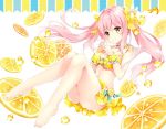  1girl bangs bare_legs barefoot bikini bikini_skirt blush bow breasts bunny_hair_ornament choker cleavage commentary_request eyebrows_visible_through_hair feet fingers_together food food_themed_clothes fruit fruit_background full_body hair_bow hair_ornament jpeg_artifacts knees_together_feet_apart knees_up large_breasts legs lemon lemon_slice long_hair looking_at_viewer mochizuki_shiina navel original pink_hair sailor_bikini sailor_collar sidelocks simple_background smile solo striped striped_bikini striped_bow swimsuit toes twintails white_background wrist_cuffs yellow_bikini yellow_bow yellow_eyes 