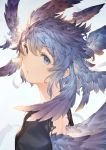  blue_eyes blue_feathers blue_hair blue_wings eyebrows_visible_through_hair feathered_wings feathers looking_at_viewer looking_back mogumo multicolored_hair original parted_lips simple_background solo torn_clothes upper_body wings witch 