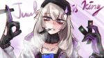  1girl aa-12_(girls_frontline) bags_under_eyes bangs blue_eyes blush choker closed_mouth girls_frontline gloves hair_ornament hat heart heart-shaped_pupils looking_at_viewer rkzrok silver_hair smile smoking solo star star_hair_ornament symbol-shaped_pupils tagme 