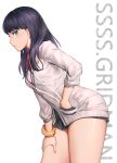  1girl black_hair blush breasts cowboy_shot earphones from_side half-closed_eyes hand_in_pocket hand_on_thigh leaning_forward long_hair long_sleeves looking_at_viewer miniskirt pleated_skirt red_neckwear simple_background skirt solo ssss.gridman takarada_rikka text_focus thighs white_background 