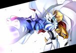  blue_eyes blurry cape commentary_request depth_of_field digimon digimon_adventure digimon_adventure:_bokura_no_war_game hawe_king non-human omegamon simple_background turret white_background wind 