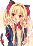  1girl :d animal_ears armband bangs blazer blonde_hair blush bow bowtie cat_ears cat_tail character_request commentary_request copyright_request eyebrows_visible_through_hair flower hair_flower hair_intakes hair_ornament holding holding_hair huei_nazuki jacket long_hair long_sleeves looking_at_viewer open_mouth red_bow red_eyes red_flower red_neckwear round_teeth smile solo star sweater tail tail_bow teeth twintails upper_body upper_teeth virtual_youtuber 