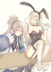  1boy 1girl animal_ears atoatto black_bow black_hairband black_leotard bow bowtie breasts bunnysuit choker chopsticks cleavage closed_eyes couple fake_animal_ears female_my_unit_(fire_emblem_if) fire_emblem fire_emblem_if floating_hair garter_straps grey_legwear hair_between_eyes hairband head_rest holding holding_chopsticks leotard long_hair medium_breasts my_unit_(fire_emblem_if) nintendo open_mouth ponytail rabbit_ears signature silver_hair sitting smile strapless strapless_leotard sweatdrop takumi_(fire_emblem_if) thigh-highs very_long_hair wrist_cuffs 