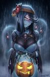  1girl bandage black_gloves blindfold blood blue_hair blue_skin blush bottomless breasts chains draw-till-death facing_viewer fingerless_gloves ghost gloves halloween highres jack-o&#039;-lantern long_hair mask mask_on_head navel open_mouth original pauldrons rain teeth torn_clothes wet 