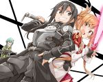  1boy 2girls :d armor asuna_(sao) back-to-back bibi black_eyes black_gloves black_hair clenched_teeth commentary_request eyebrows_visible_through_hair fingerless_gloves gloves green_hair gun hand_on_hip highres holding holding_gun holding_weapon kirito_(sao-ggo) long_hair looking_at_another multiple_girls open_mouth orange_hair red_eyes short_hair sinon smile sword sword_art_online teeth trap weapon 