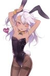  1girl animal_ears armpits arms_behind_head arms_up bangs black_leotard blush breasts brown_hair bunny_girl bunny_tail bunnysuit character_name chloe_von_einzbern cleavage collarbone covered_navel dark_skin detached_collar fate/kaleid_liner_prisma_illya fate_(series) heart highleg highleg_leotard highres hips leaning_to_the_side leotard long_hair looking_at_viewer one_eye_closed one_side_up orange_eyes pantyhose parted_lips rabbit_ears signature silver_hair simple_background small_breasts smile solo swept_bangs tail thighband_pantyhose thighs white_background wrist_cuffs yuge_(mkmk) 