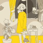  1girl animal baggy_clothes blush caterpillar circle clock closed_eyes collar curtains disheveled dress electric_socket elephant floating hanging_plant highres leaf long_sleeves looking_at_viewer lounging minimalism mitsuki_sanagi original plant pot potted_plant short_hair sitting sleeping standing sweater table vines watering_can window yellow yellow_curtains yellow_dress 