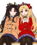  2girls :d atsumisu bangs bench black_legwear blonde_hair blue_skirt blush brown_coat brown_hair brown_ribbon brown_scarf closed_mouth coat coffee_cup commentary_request cup disposable_cup duffel_coat ereshkigal_(fate/grand_order) eyebrows_visible_through_hair fate/grand_order fate_(series) hair_ribbon hands_up holding holding_cup ishtar_(fate/grand_order) long_hair long_sleeves multiple_girls on_bench open_mouth pantyhose park_bench parted_bangs plaid plaid_scarf plaid_skirt pleated_skirt red_coat red_eyes red_ribbon ribbon scarf sitting skirt smile tiara two_side_up very_long_hair white_background 