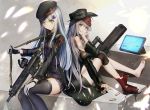  assault_rifle bangs beret black_legwear blunt_bangs blush boots breasts brown_eyes bullpup clothes_writing combat_knife eyebrows_visible_through_hair facial_mark g11 g11_(girls_frontline) girls_frontline gloves green_coat green_eyes grey_shirt gun hair_between_eyes hair_ornament hat head_on_hand heckler_&amp;_koch hk416 hk416_(girls_frontline) holding holding_gun holding_weapon jacket knife knife_holster light_particles long_hair long_sleeves looking_at_viewer medium_breasts monitor multiple_girls off_shoulder open_clothes open_mouth plaid plaid_skirt rifle scarf scarf_on_head scope shell_casing shirt shorts shoulder_cutout shumeia silver_hair single_boot single_knee_pad sitting skirt teardrop thigh-highs very_long_hair weapon 