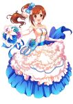  1girl :d blue_bow blue_flower blue_ribbon blue_rose bouquet bow breasts brown_eyes brown_hair collarbone dress earrings elbow_gloves eyebrows_visible_through_hair floating_hair flower full_body gloves hair_bow hair_flower hair_ornament highres holding holding_bouquet idolmaster idolmaster_cinderella_girls igarashi_kyouko jewelry long_dress long_hair looking_at_viewer medium_breasts necklace onumi open_mouth purple_flower purple_rose ribbon rose shiny shiny_hair side_ponytail simple_background skirt_hold sleeveless sleeveless_dress smile solo standing strapless strapless_dress white_background white_dress white_gloves 