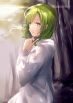  1other alternate_eye_color androgynous aqua_eyes bangs blush commentary_request enkidu_(fate/strange_fake) fate/strange_fake fate_(series) green_hair half-closed_eyes hand_up hood hood_down hooded_robe juurouta long_sleeves looking_at_viewer looking_to_the_side robe solo white_robe wide_sleeves 