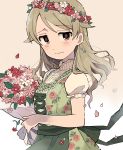  1girl ai_nige alternate_costume apron bangs bare_arms blush bouquet brown_eyes commentary_request cross-laced_clothes dirndl dress earrings eyebrows_visible_through_hair floral_print flower flower_earrings flower_wreath german_clothes green_dress hair_down head_wreath highres idolmaster idolmaster_cinderella_girls jewelry light_brown_hair light_smile long_hair looking_at_viewer morikubo_nono petals puffy_sleeves short_sleeves simple_background solo tearing_up traditional_clothes turtleneck upper_body white_background 