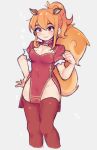  1girl animal_ears breasts chinese_clothes cleavage cleavage_cutout collarbone commentary eyebrows_visible_through_hair highres long_hair medium_breasts orange_hair pelvic_curtain personification pinkgengar ponytail red_eyes red_legwear short_sleeves simple_background sketch smile solo squirrel_ears squirrel_girl squirrel_tail standing tail thigh-highs uc_browser 
