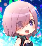  1girl :d bangs bare_shoulders blurry blurry_background blush breasts chibi cleavage depth_of_field eyebrows_visible_through_hair fate/grand_order fate_(series) hair_over_one_eye koruri leotard looking_at_viewer looking_to_the_side mash_kyrielight medium_breasts open_mouth pink_hair purple_leotard smile solo upper_body violet_eyes 